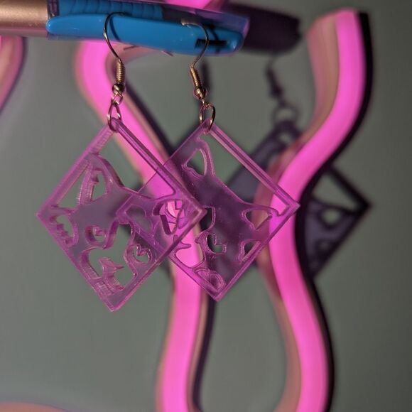 Kitty Cat Blue Black or Purple Square Geometric Dangling Hook Earrings - Picture 3 of 9